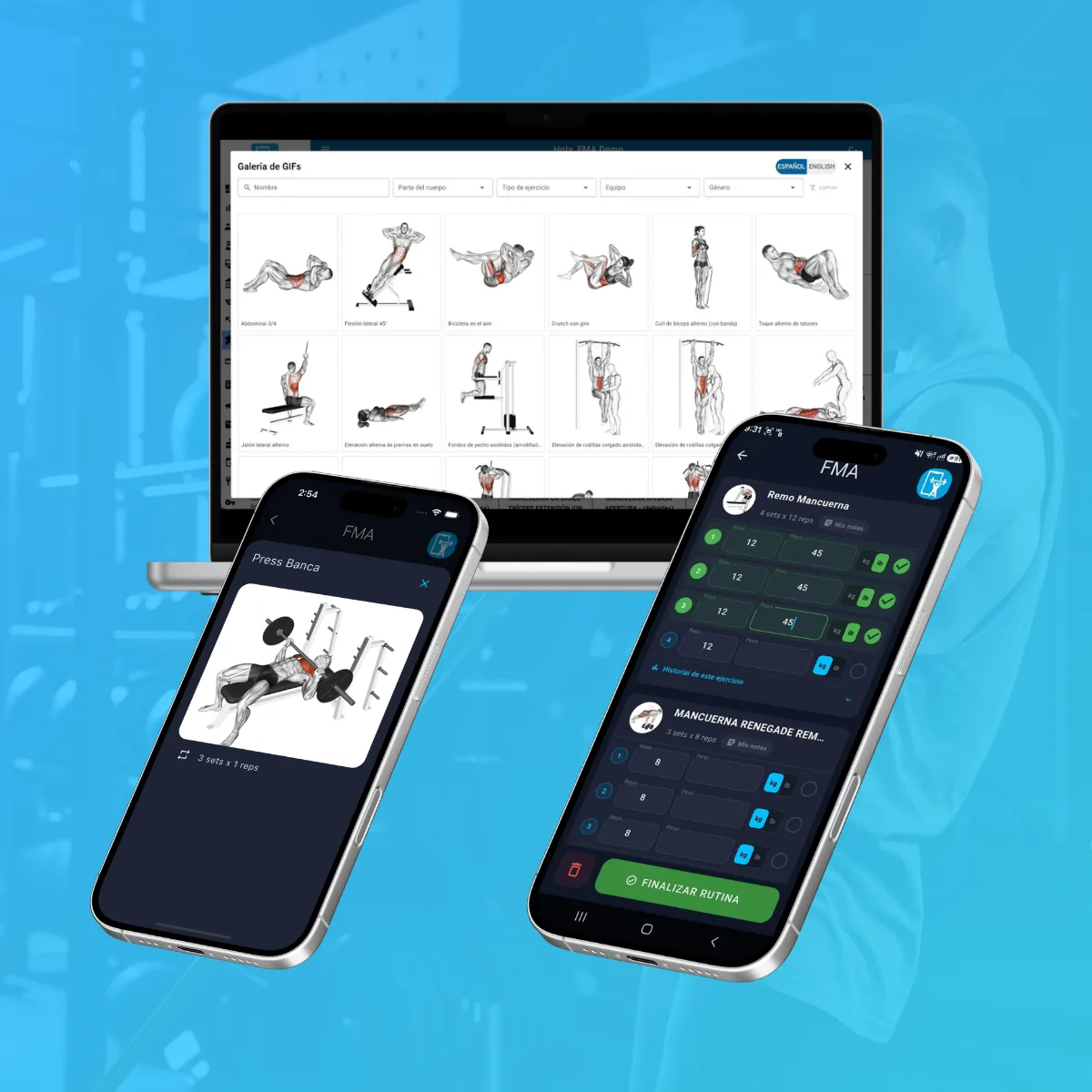 App de rutinas de FitManage en el celular del cliente, con su rutina y su progreso